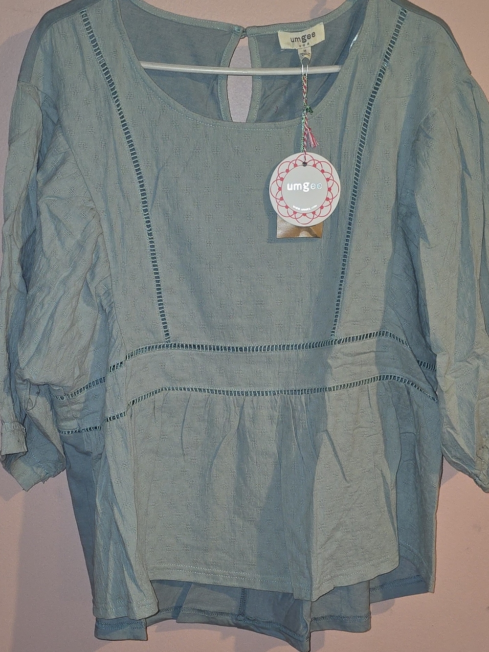 NWT-Umgee Women's Blue Textured Peasant Round Neck 3/4 Sleeve Boho Blouse Size M